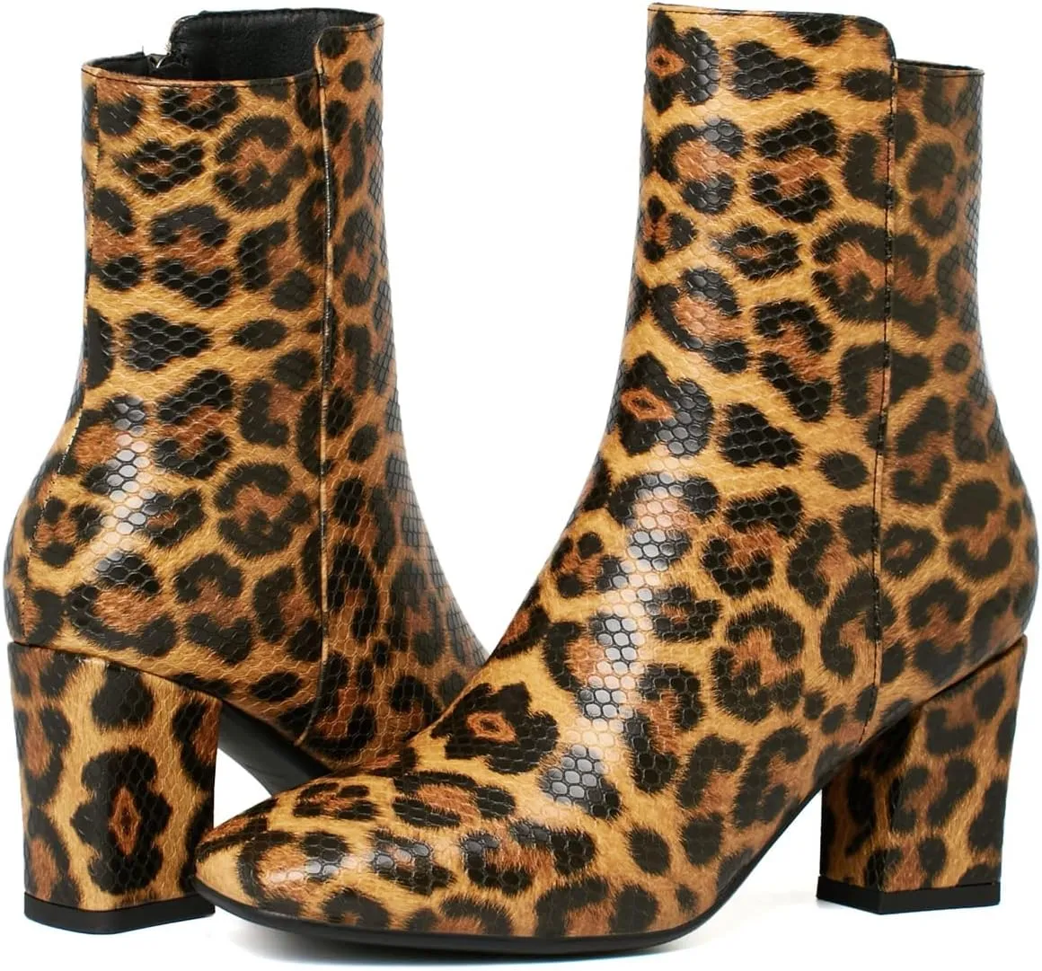 Caradise Womens High Chunky Heeled Boots Zip Up Square Toe Ankle Booties