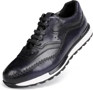 Casual Men Leather Lace Up Sneakers, Fashion Dress Sneakers Oxfords Shoes Lace Up for Men, Black Blue