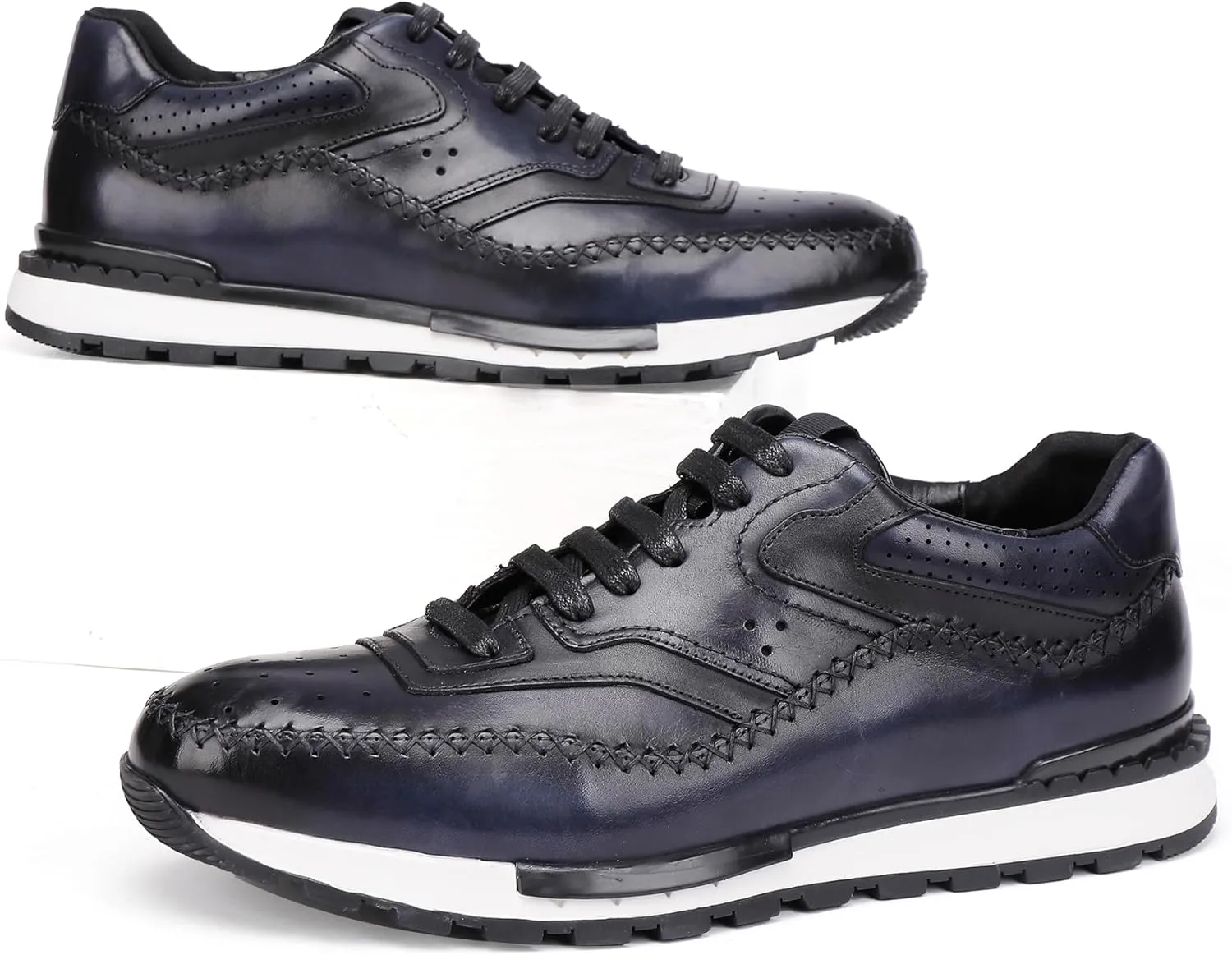Casual Men Leather Lace Up Sneakers, Fashion Dress Sneakers Oxfords Shoes Lace Up for Men, Black Blue