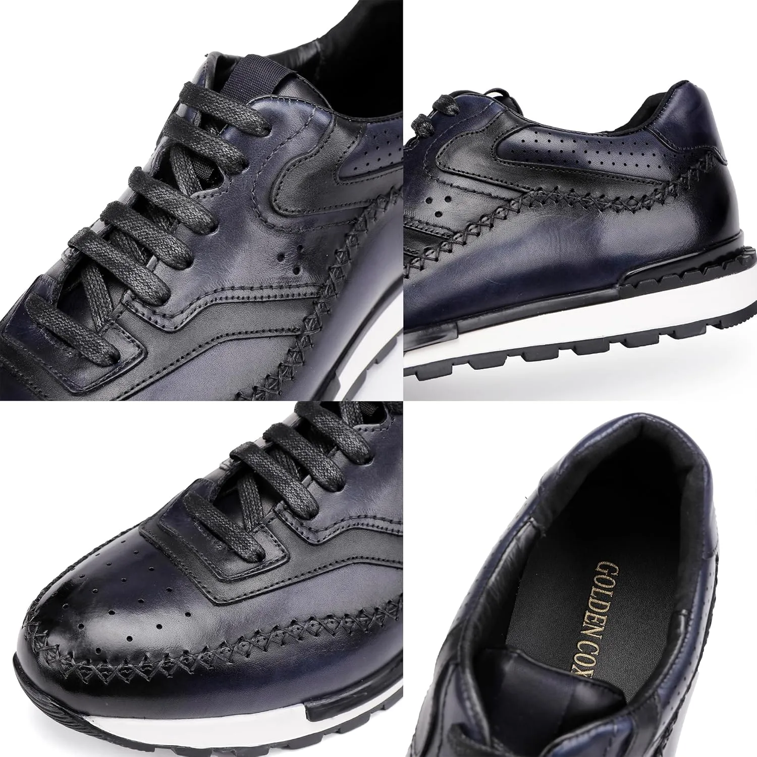 Casual Men Leather Lace Up Sneakers, Fashion Dress Sneakers Oxfords Shoes Lace Up for Men, Black Blue