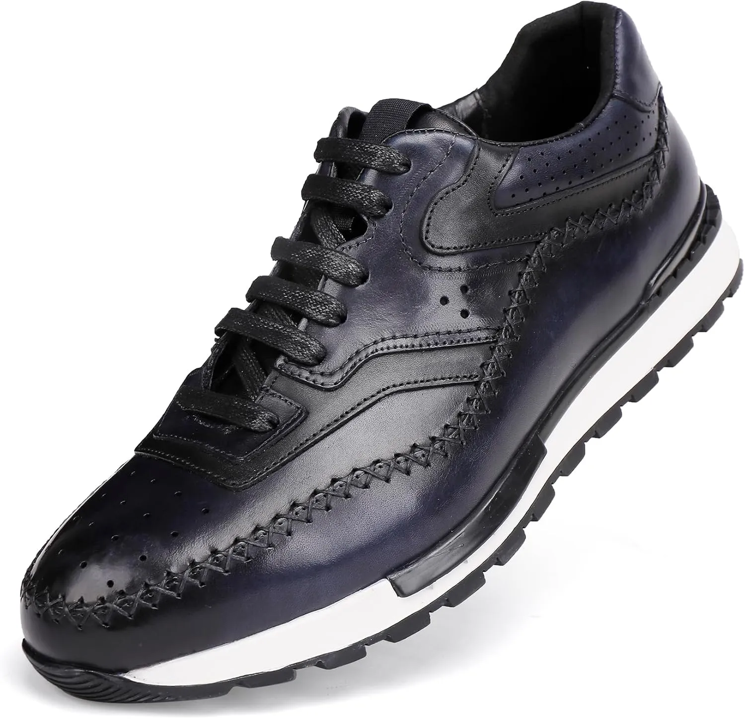 Casual Men Leather Lace Up Sneakers, Fashion Dress Sneakers Oxfords Shoes Lace Up for Men, Black Blue