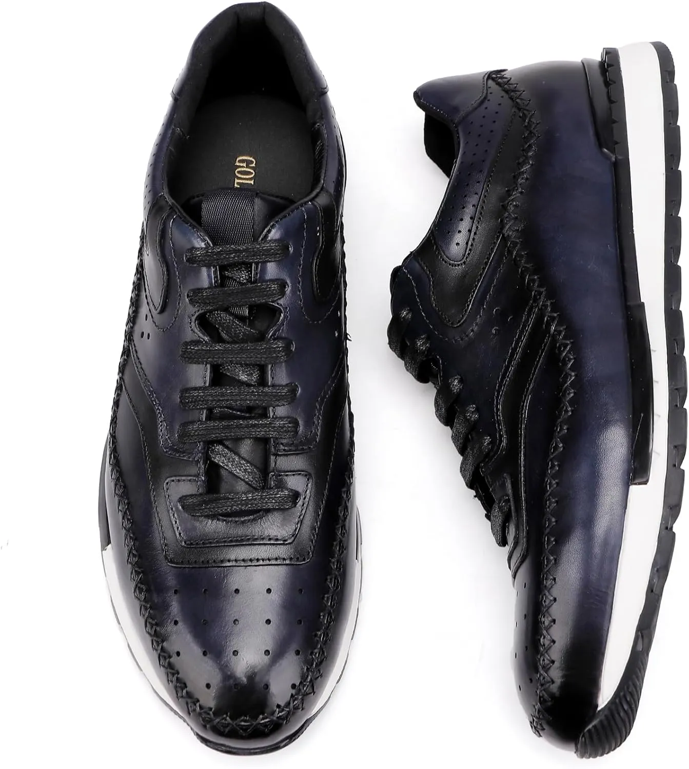 Casual Men Leather Lace Up Sneakers, Fashion Dress Sneakers Oxfords Shoes Lace Up for Men, Black Blue