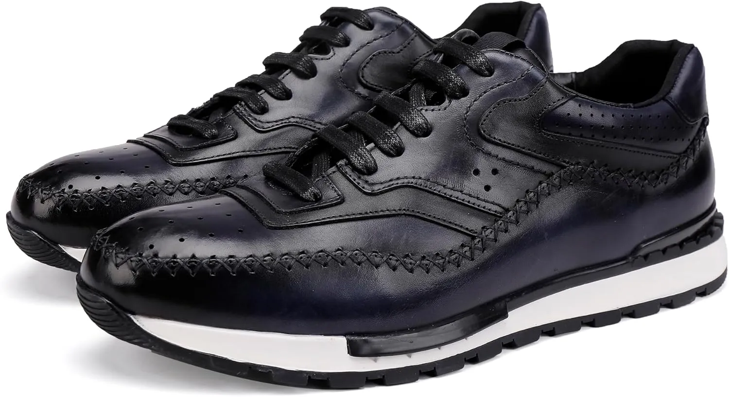 Casual Men Leather Lace Up Sneakers, Fashion Dress Sneakers Oxfords Shoes Lace Up for Men, Black Blue