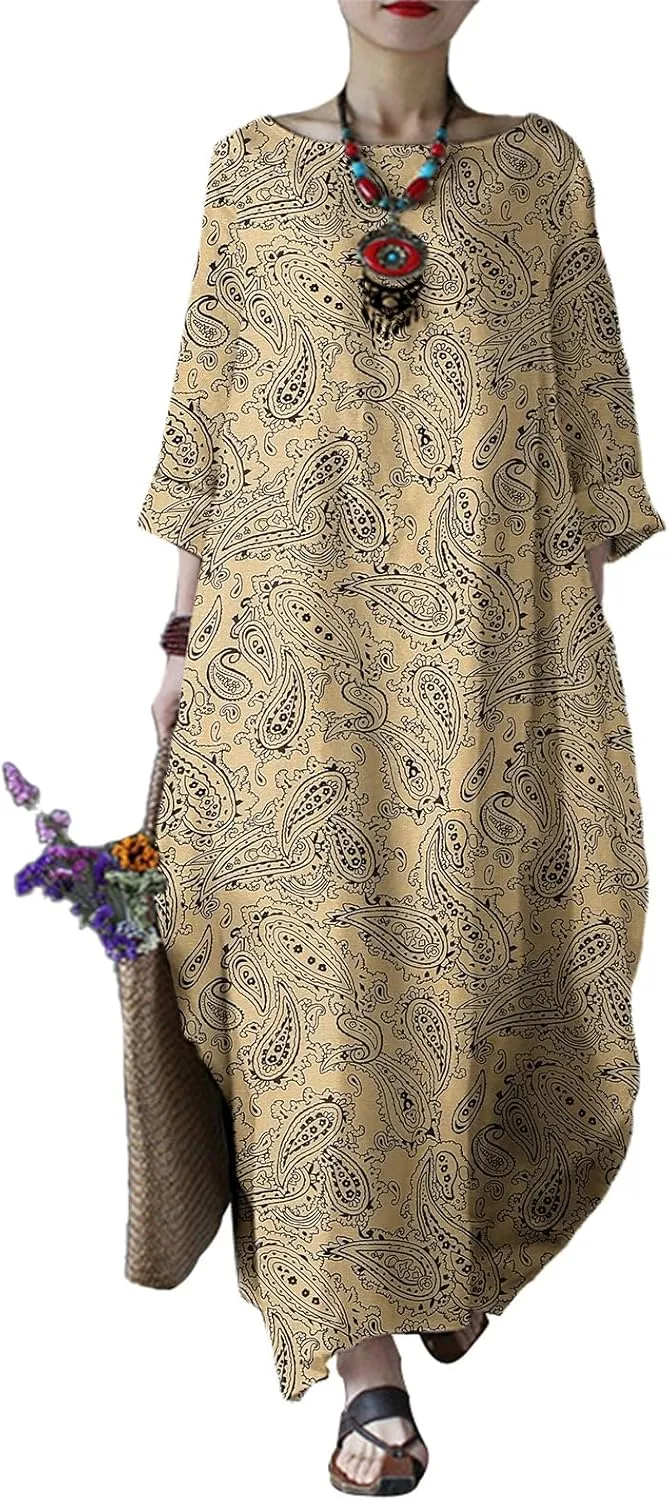 Celmia Autumn Solid Loose Long Maxi Dress Cotton Caftan