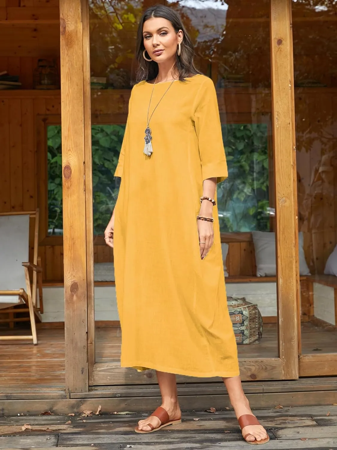 Celmia Autumn Solid Loose Long Maxi Dress Cotton Caftan