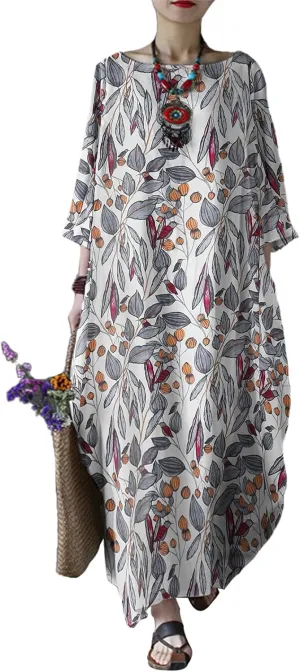 Celmia Autumn Solid Loose Long Maxi Dress Cotton Caftan