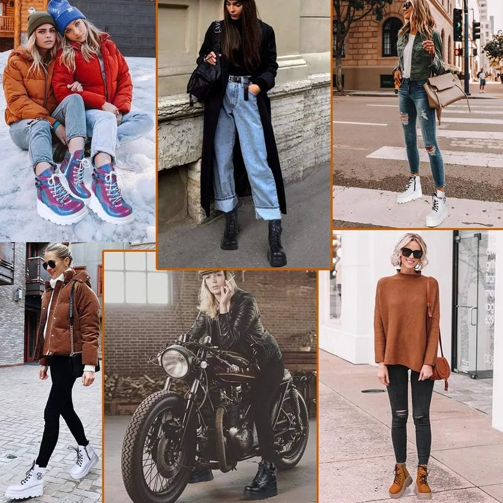 CELNEPHO Chunky Platform Boots for Women, Square Toe Lace up Zip High Heel Combat Wedge Ankle Boots