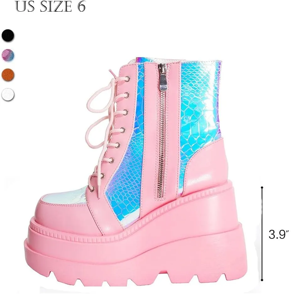 CELNEPHO Chunky Platform Boots for Women, Square Toe Lace up Zip High Heel Combat Wedge Ankle Boots