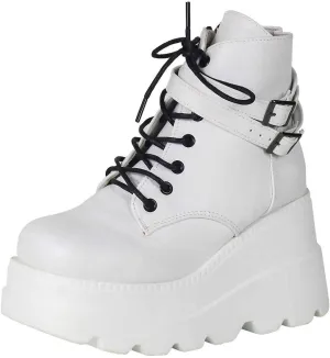 CELNEPHO Chunky Platform Boots for Women, Square Toe Lace up Zip High Heel Combat Wedge Ankle Boots