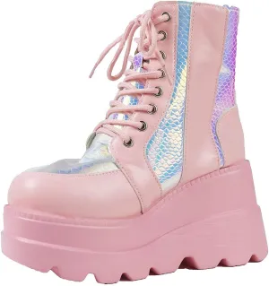 CELNEPHO Chunky Platform Boots for Women, Square Toe Lace up Zip High Heel Combat Wedge Ankle Boots