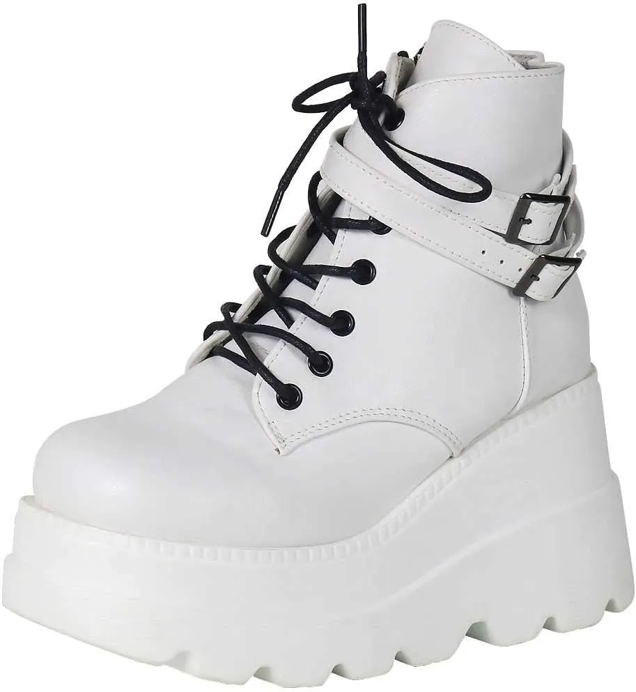 CELNEPHO Chunky Platform Boots for Women, Square Toe Lace up Zip High Heel Combat Wedge Ankle Boots
