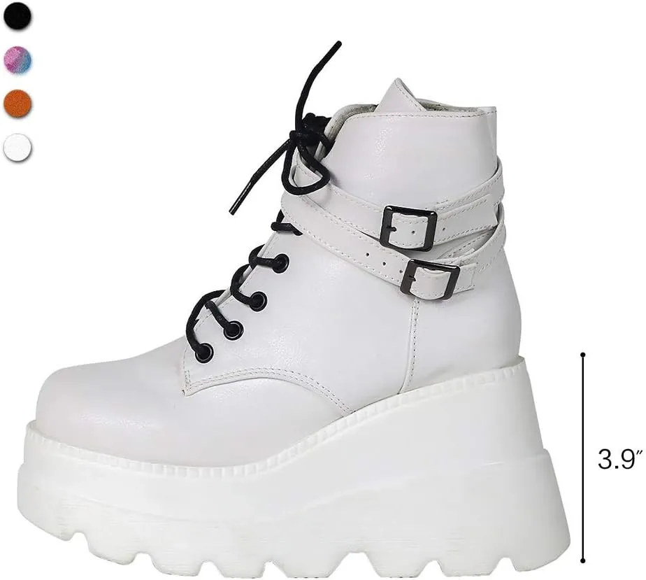 CELNEPHO Chunky Platform Boots for Women, Square Toe Lace up Zip High Heel Combat Wedge Ankle Boots