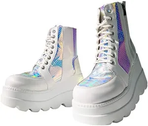 CELNEPHO Chunky Platform Boots for Women, Square Toe Lace up Zip High Heel Combat Wedge Ankle Boots