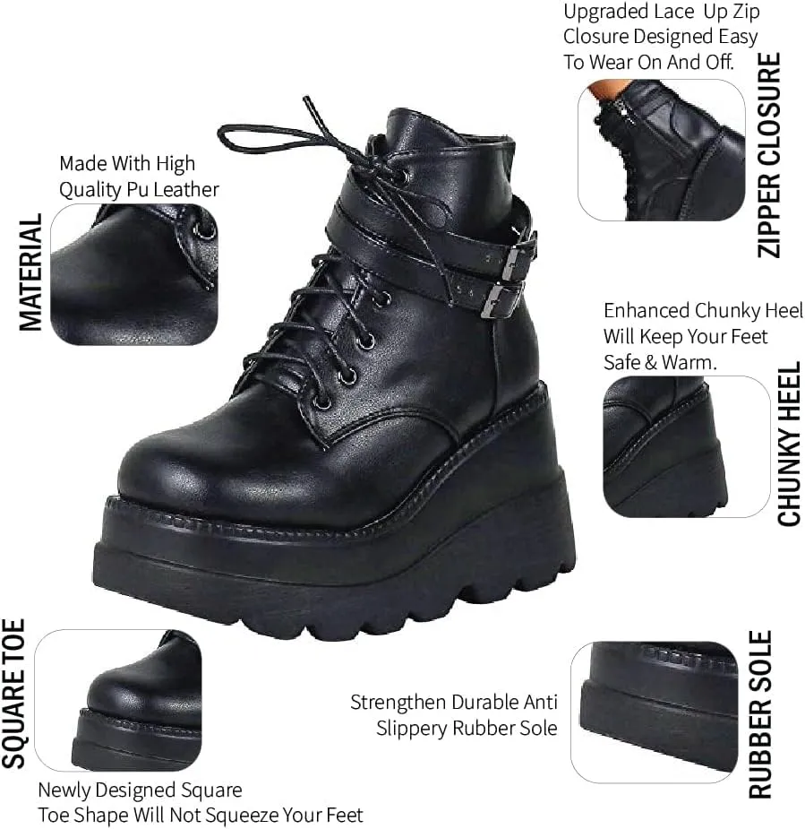 CELNEPHO Chunky Platform Boots for Women, Square Toe Lace up Zip High Heel Combat Wedge Ankle Boots