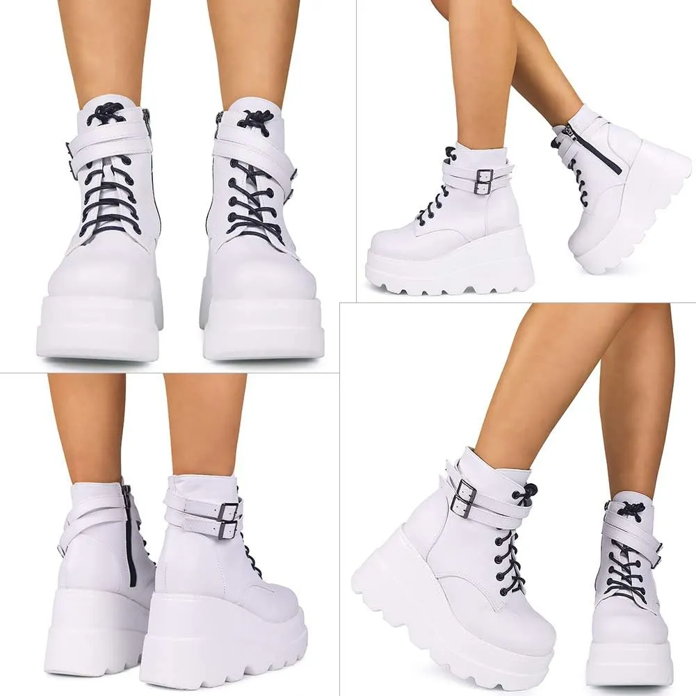 CELNEPHO Chunky Platform Boots for Women, Square Toe Lace up Zip High Heel Combat Wedge Ankle Boots