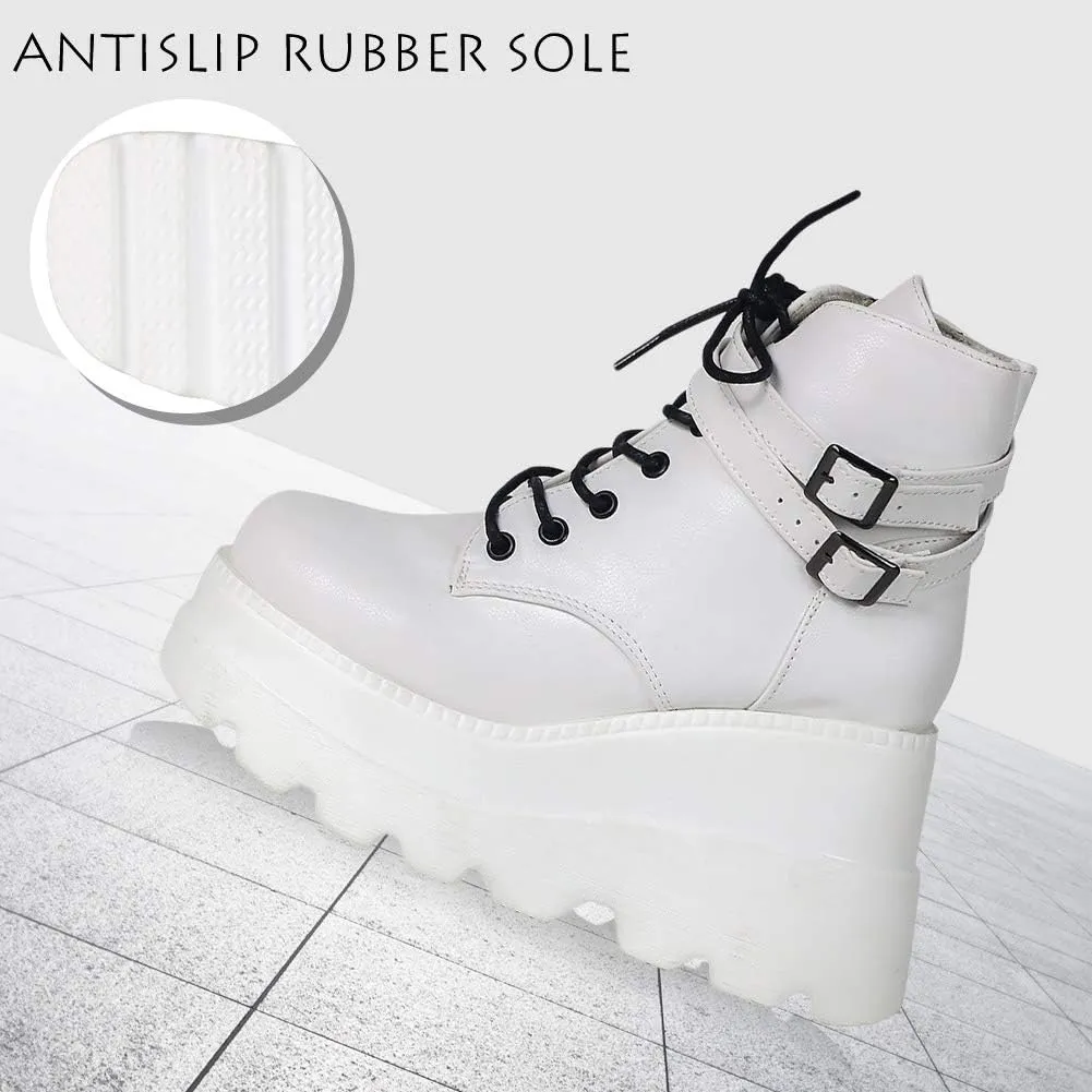 CELNEPHO Chunky Platform Boots for Women, Square Toe Lace up Zip High Heel Combat Wedge Ankle Boots
