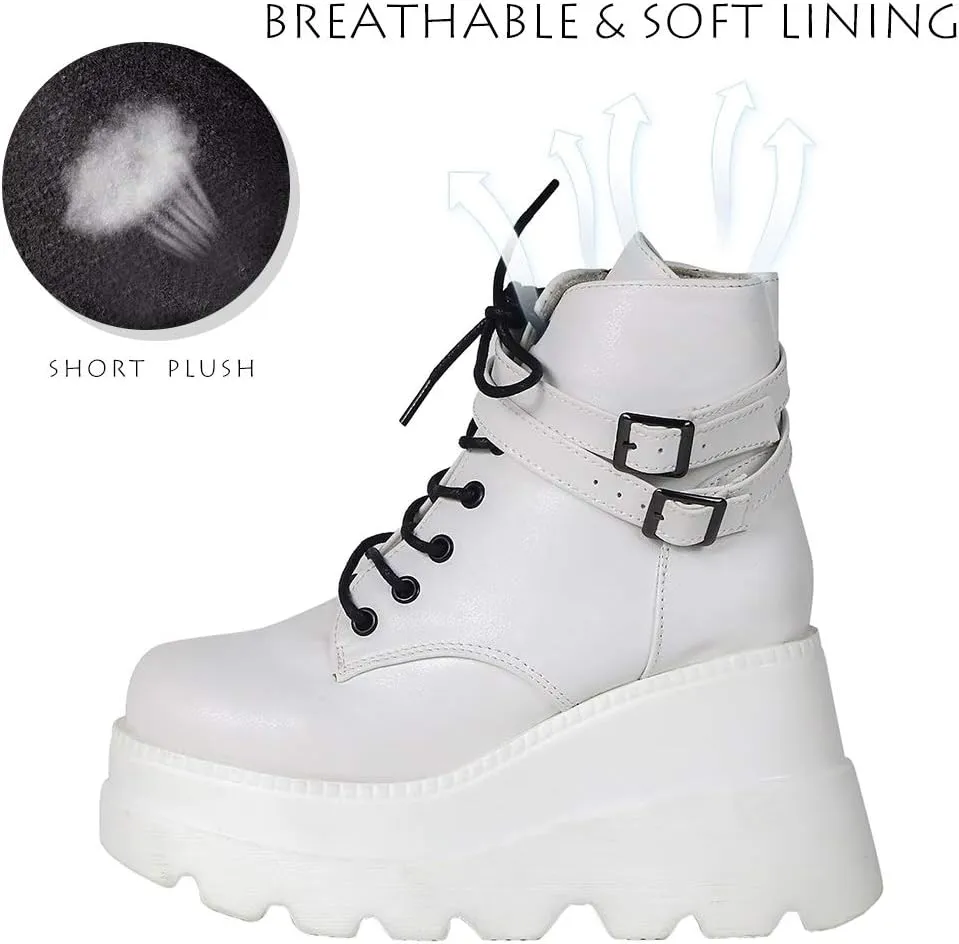 CELNEPHO Chunky Platform Boots for Women, Square Toe Lace up Zip High Heel Combat Wedge Ankle Boots