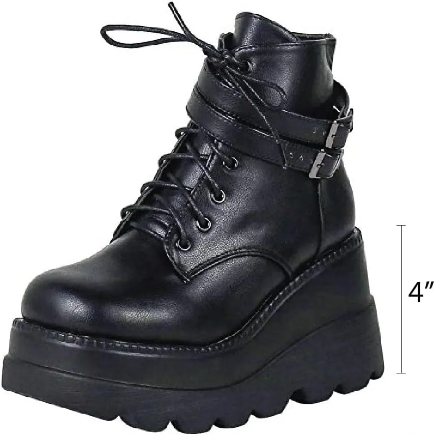 CELNEPHO Chunky Platform Boots for Women, Square Toe Lace up Zip High Heel Combat Wedge Ankle Boots