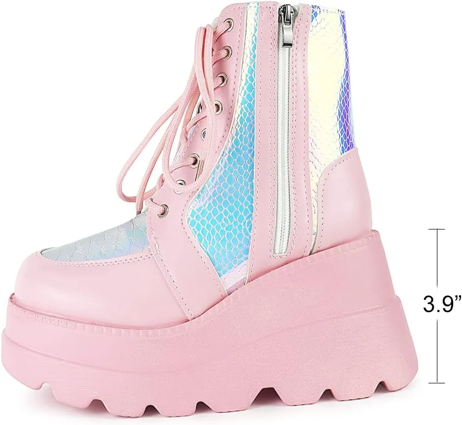 CELNEPHO Chunky Platform Boots for Women, Square Toe Lace up Zip High Heel Combat Wedge Ankle Boots