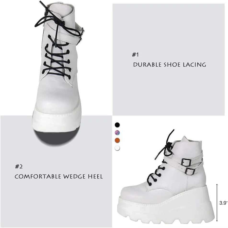 CELNEPHO Chunky Platform Boots for Women, Square Toe Lace up Zip High Heel Combat Wedge Ankle Boots