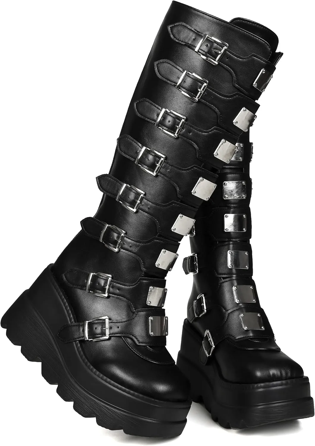 CELNEPHO Womens Wedge Platform Knee High Boots High Heel Round-Toe Zip Punk Goth Mid Calf Combat Boots For Women