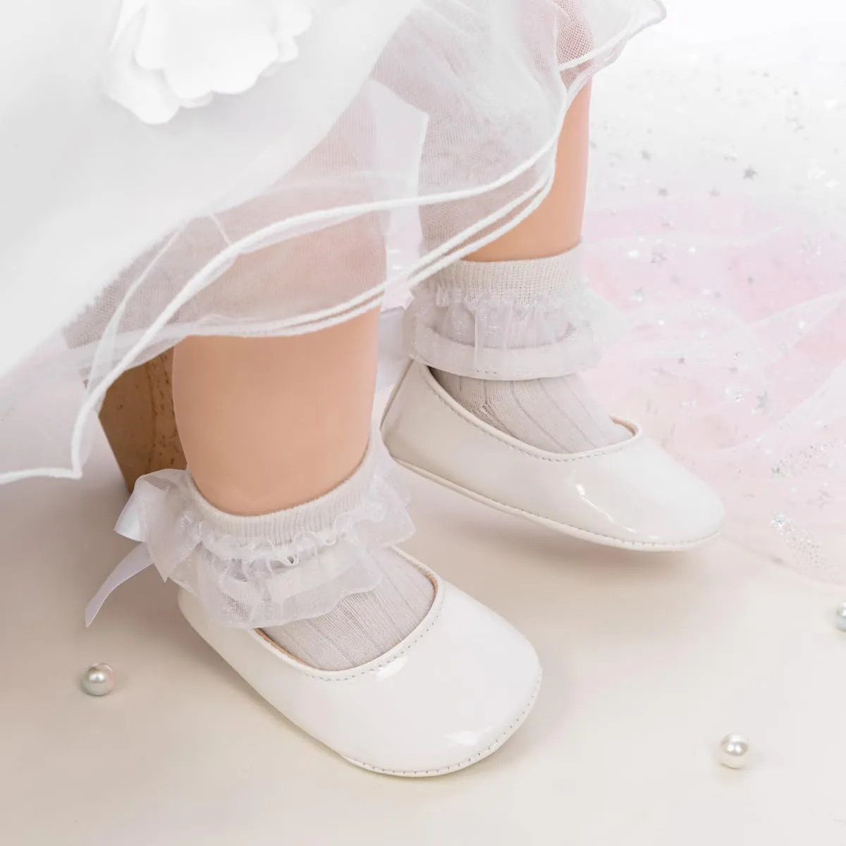 CENCIRILY Infant Baby Girls Mary Jane Flats Non Slip Soft Sole Prewalker Princess Wedding Dress Shoes