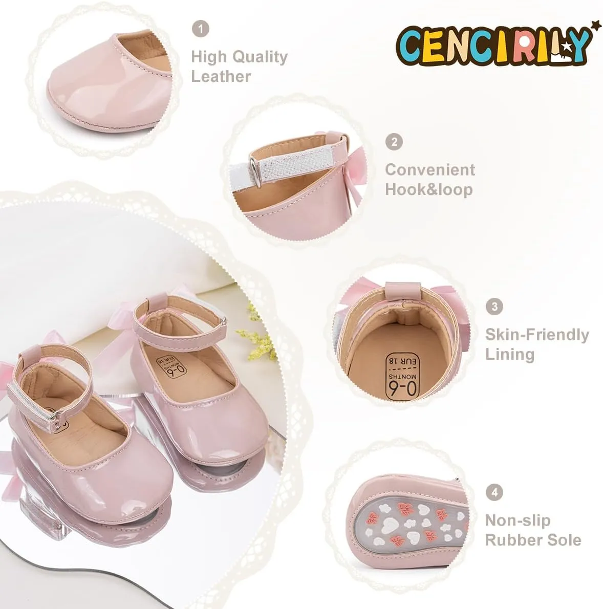 CENCIRILY Infant Baby Girls Mary Jane Flats Non Slip Soft Sole Prewalker Princess Wedding Dress Shoes