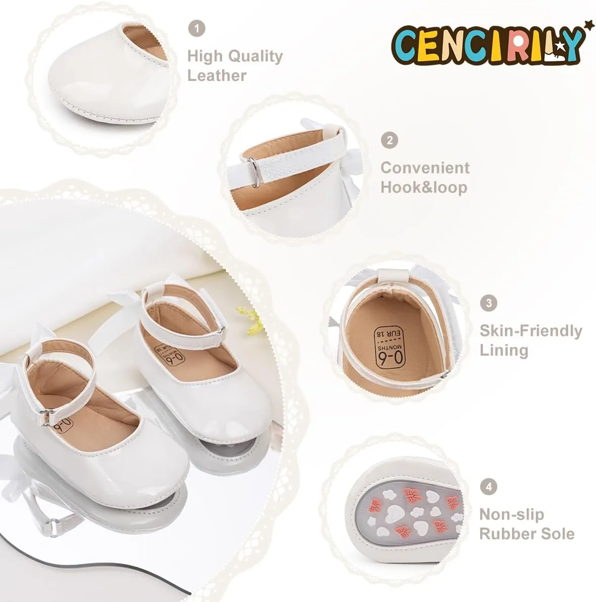 CENCIRILY Infant Baby Girls Mary Jane Flats Non Slip Soft Sole Prewalker Princess Wedding Dress Shoes