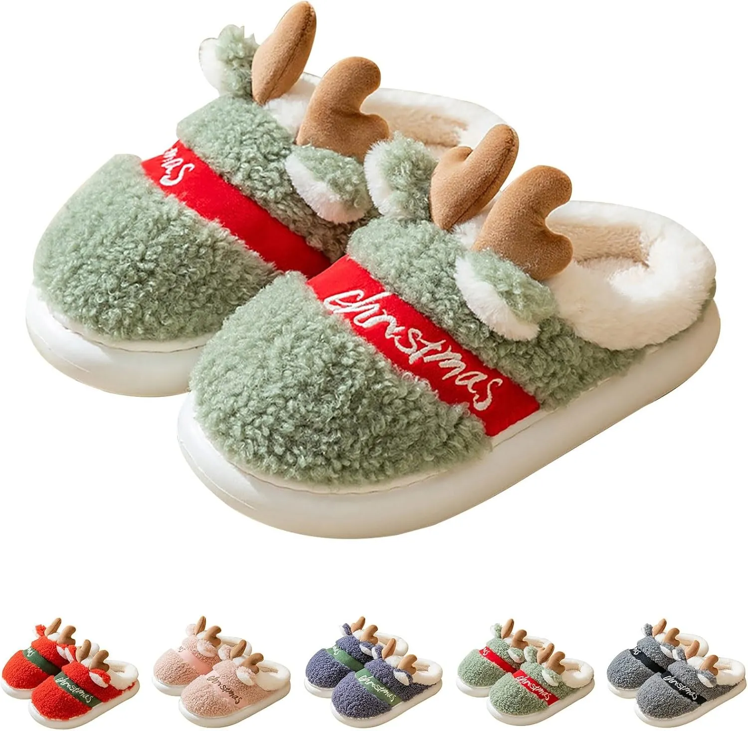 Christmas Slippers for Women Cute Reindeer Winter Shoes Xmas Men's Pattern Warm Memory Foam Bedroom Slipper Indoor Soft Cartoon Slip Ons Fuzzy Plush House Slides Festive Party Stuff