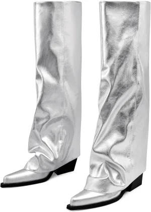 Chunky Knee High Fold Over Boots for Women with Zipper Pointed Toe