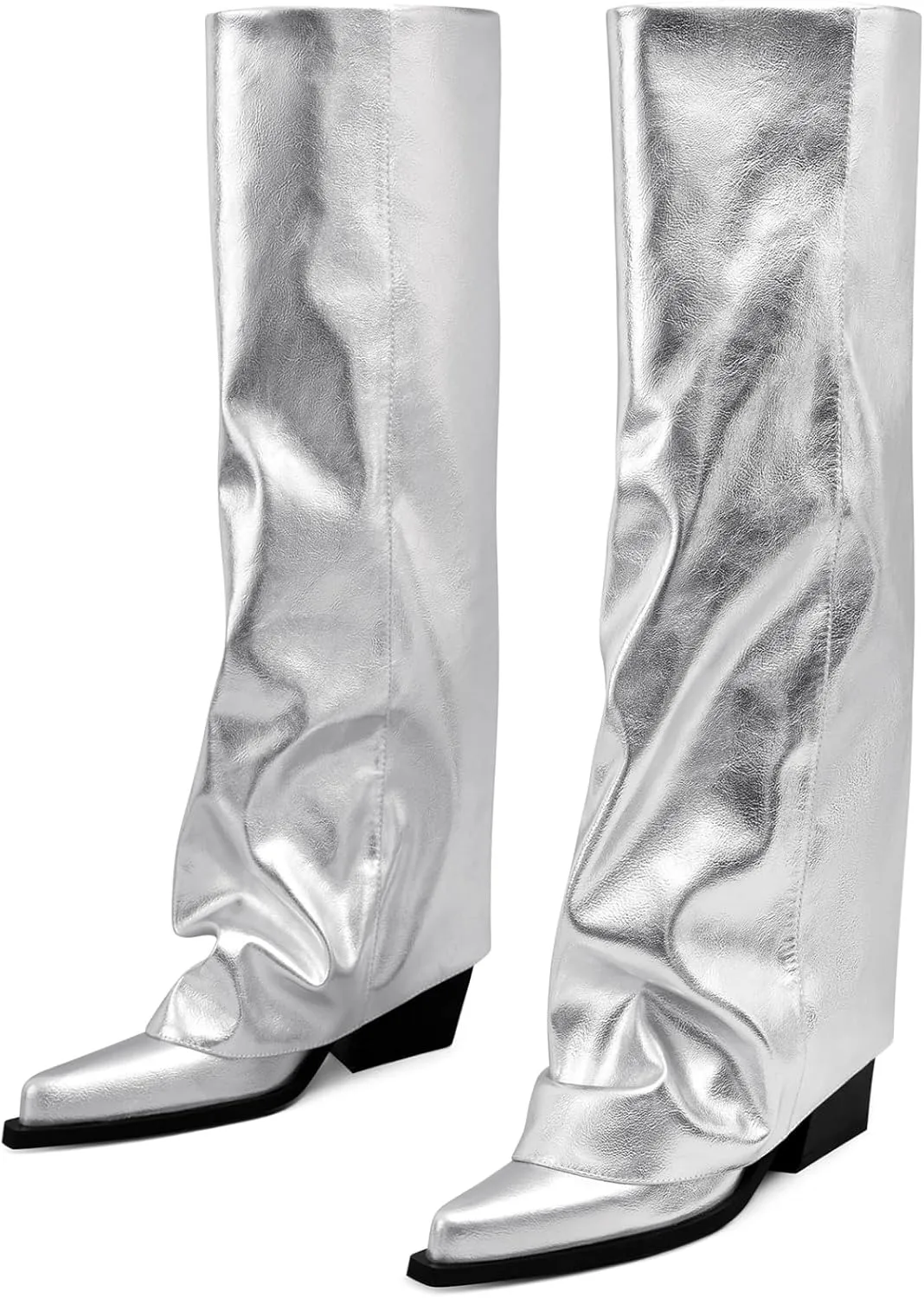 Chunky Knee High Fold Over Boots for Women with Zipper Pointed Toe