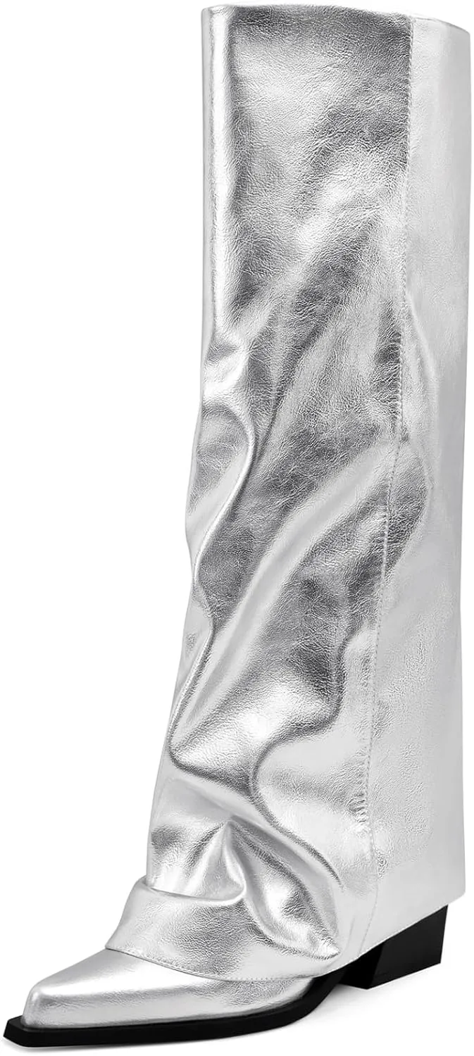 Chunky Knee High Fold Over Boots for Women with Zipper Pointed Toe