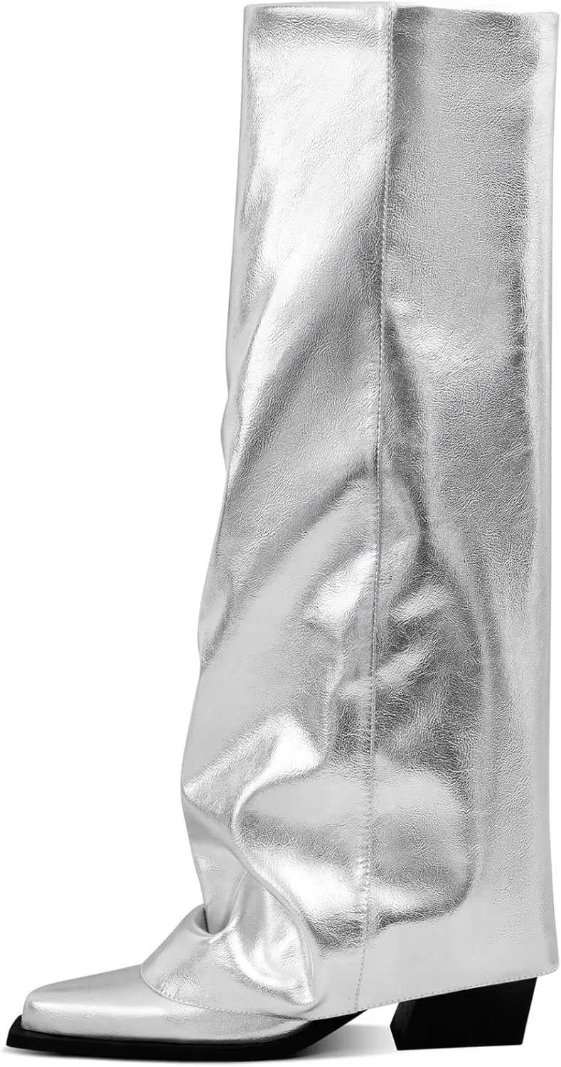 Chunky Knee High Fold Over Boots for Women with Zipper Pointed Toe