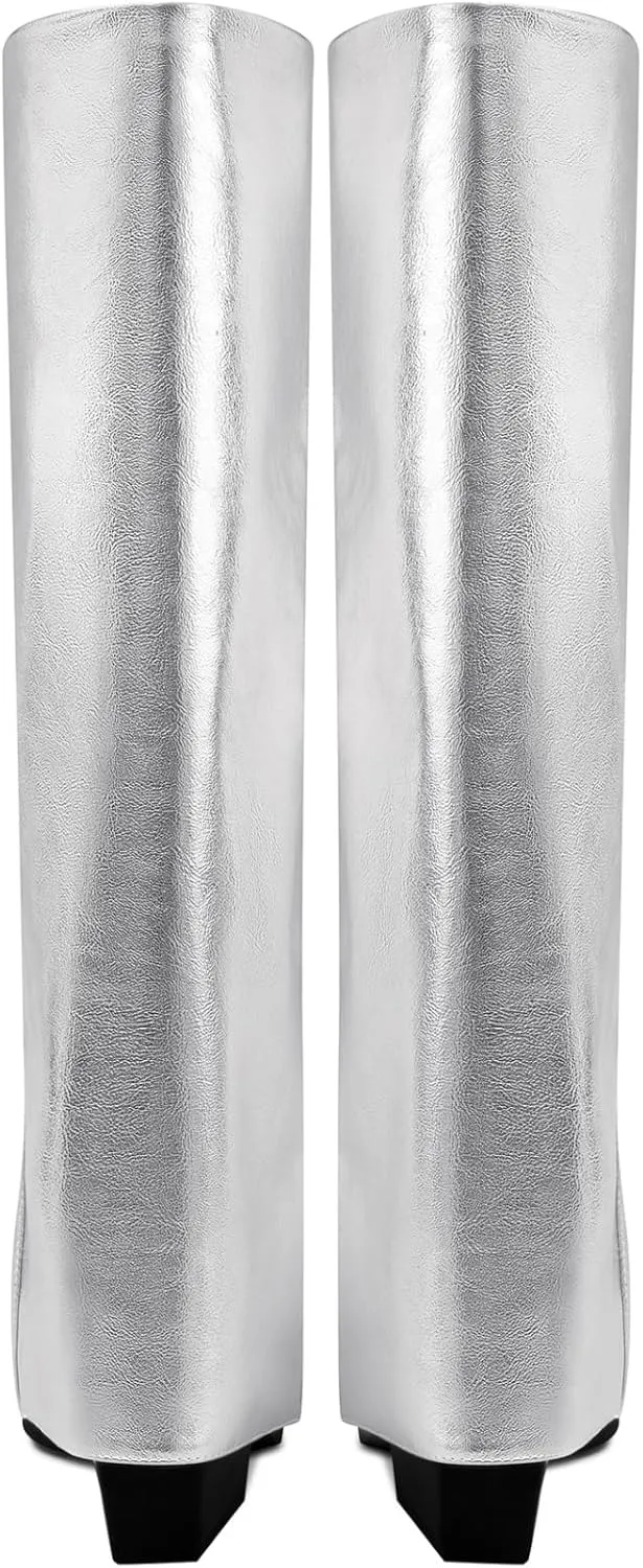 Chunky Knee High Fold Over Boots for Women with Zipper Pointed Toe
