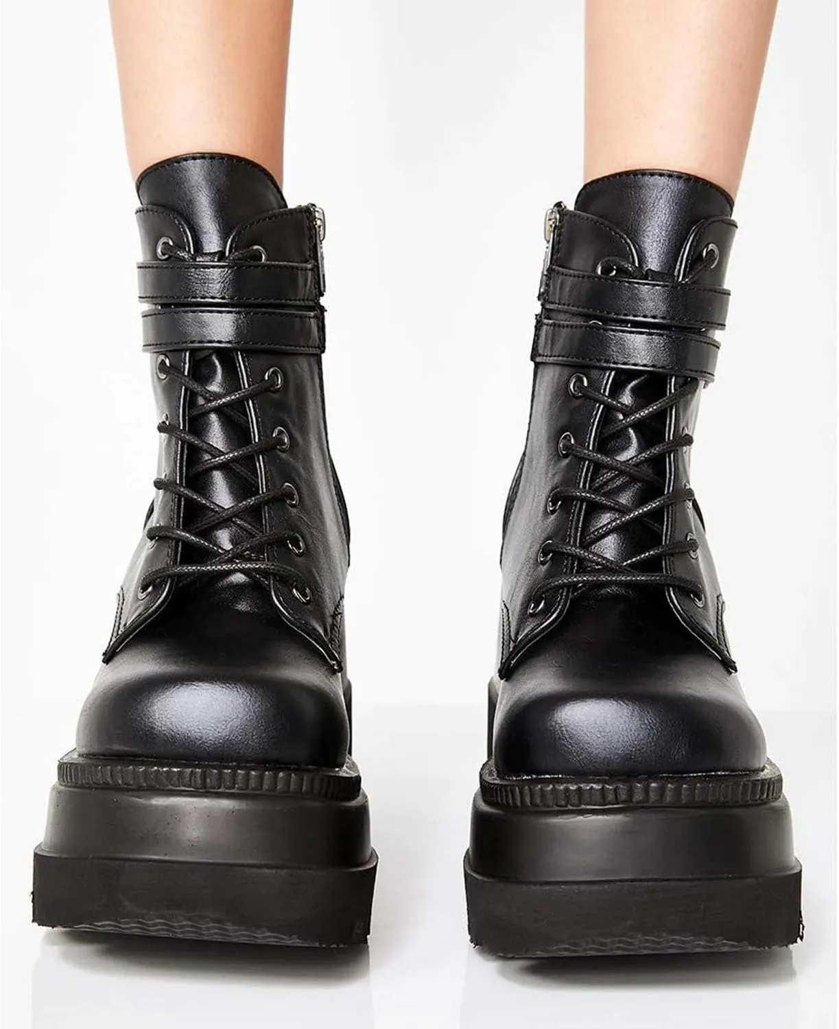 Chunky Platform Boots for Women, Square Toe Lace Up Zip High Heel Combat Wedge Ankle Boots with Side Zip Perfect for Party (Black, 5.5)