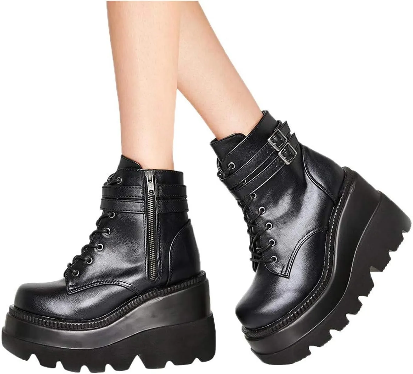 Chunky Platform Boots for Women, Square Toe Lace Up Zip High Heel Combat Wedge Ankle Boots with Side Zip Perfect for Party (Black, 5.5)