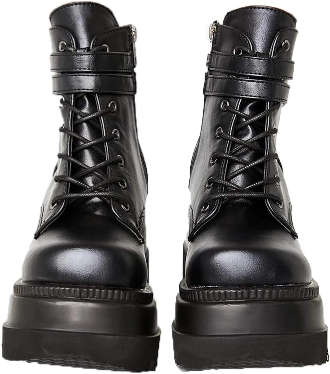 Chunky Platform Boots for Women, Square Toe Lace Up Zip High Heel Combat Wedge Ankle Boots with Side Zip Perfect for Party (Black, 5.5)