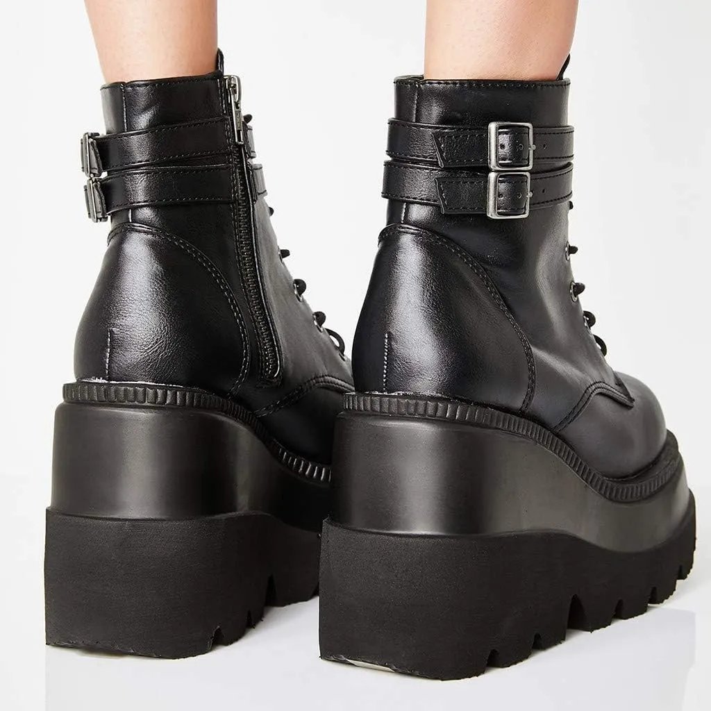 Chunky Platform Boots for Women, Square Toe Lace Up Zip High Heel Combat Wedge Ankle Boots with Side Zip Perfect for Party (Black, 5.5)