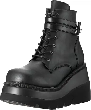 Chunky Platform Boots for Women, Square Toe Lace Up Zip High Heel Combat Wedge Ankle Boots with Side Zip Perfect for Party (Black, 5.5)