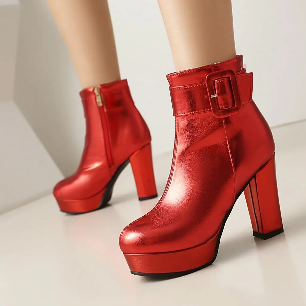 Chunky Platform High Heel Ankle Boots For Womens Round Toe Buckle Zipper Winter Dressy Short Bootie