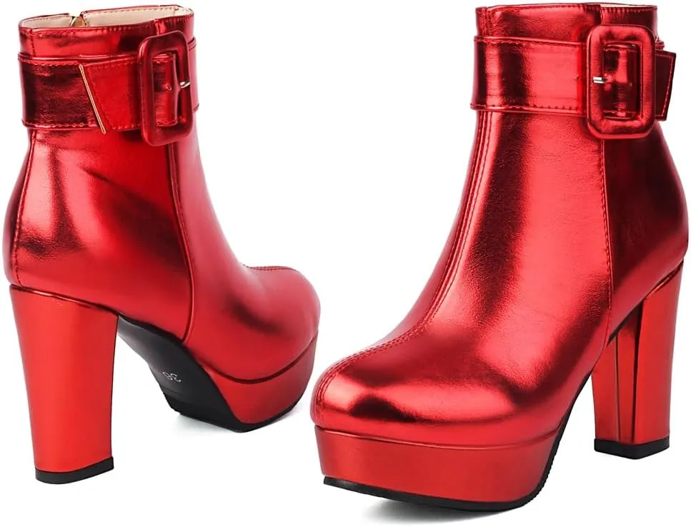 Chunky Platform High Heel Ankle Boots For Womens Round Toe Buckle Zipper Winter Dressy Short Bootie