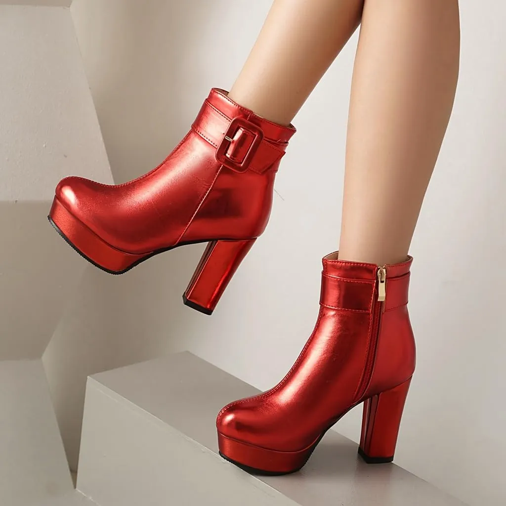 Chunky Platform High Heel Ankle Boots For Womens Round Toe Buckle Zipper Winter Dressy Short Bootie