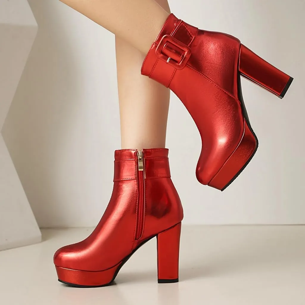 Chunky Platform High Heel Ankle Boots For Womens Round Toe Buckle Zipper Winter Dressy Short Bootie