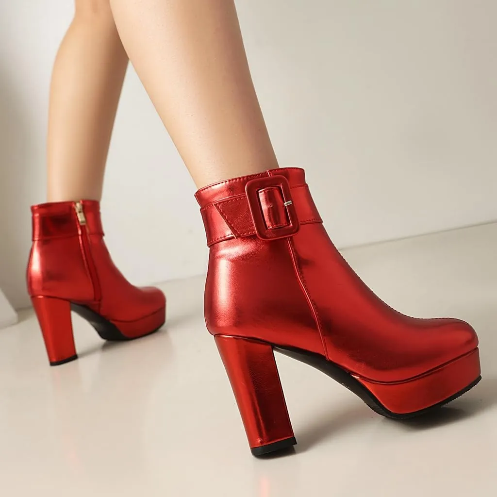 Chunky Platform High Heel Ankle Boots For Womens Round Toe Buckle Zipper Winter Dressy Short Bootie