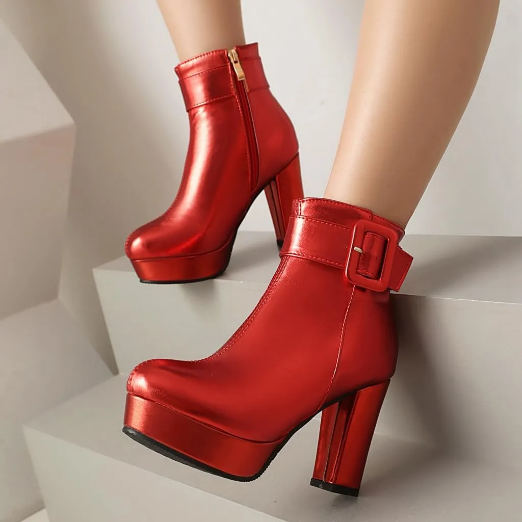 Chunky Platform High Heel Ankle Boots For Womens Round Toe Buckle Zipper Winter Dressy Short Bootie