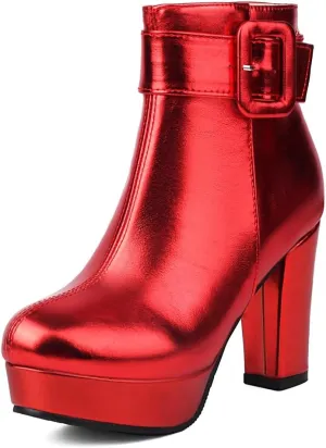 Chunky Platform High Heel Ankle Boots For Womens Round Toe Buckle Zipper Winter Dressy Short Bootie