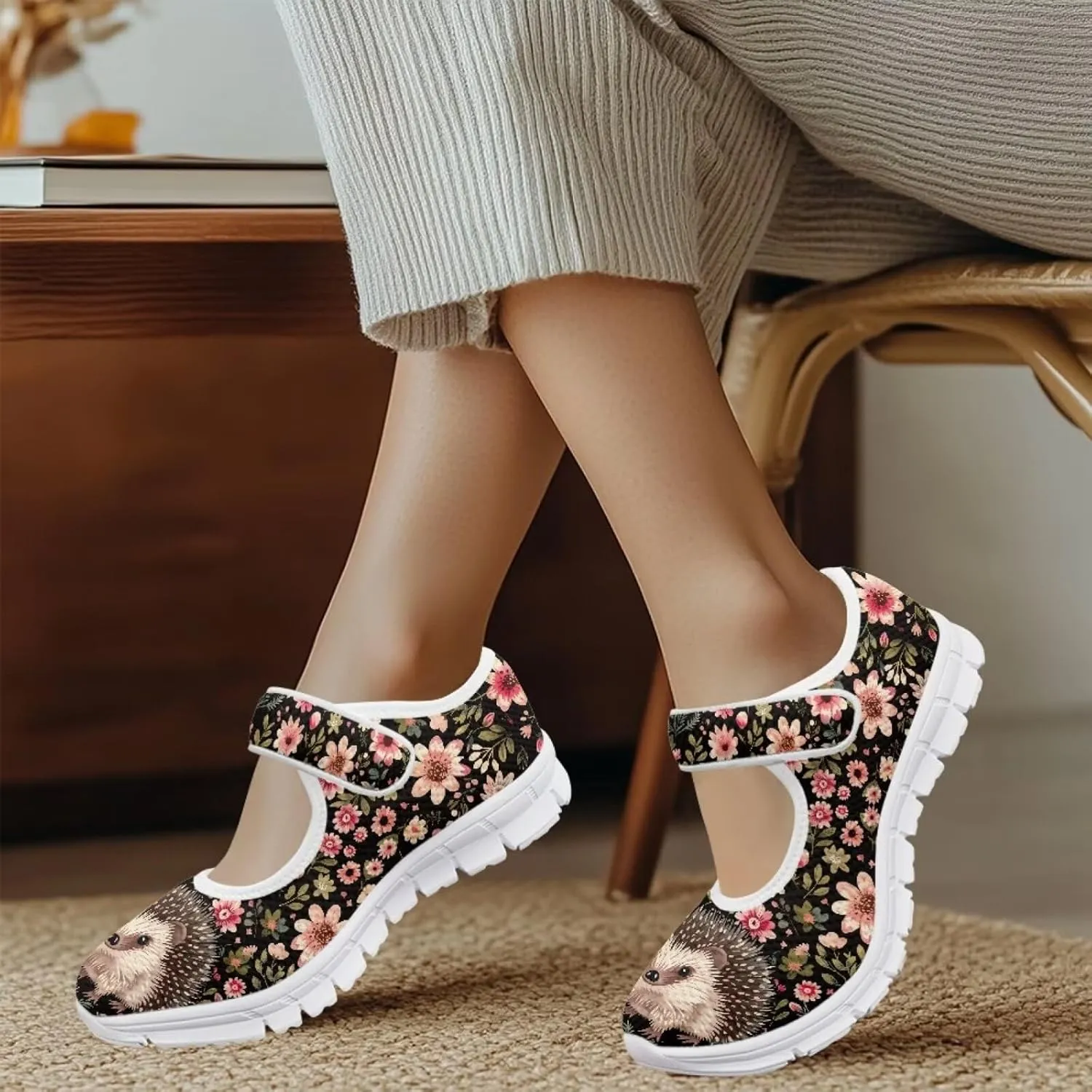 Coloranimal Flats for Women Mey Jane Shoes Womens Shoes Dressy Casual Slip On Shoes Buckle Strap Walking Shoes Mesh Ballet Flats White Sole