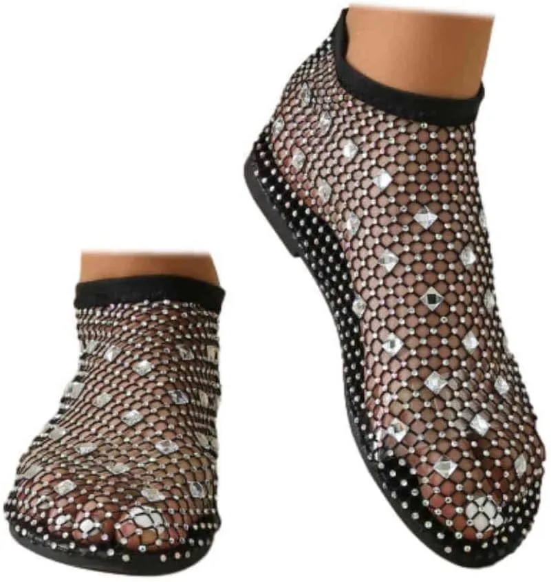 Comfortable Mesh Flats for Women Fishnet Shiny Gem Sandals Low Heel Slip on Stockings Rhinestone Net Flat Sandals