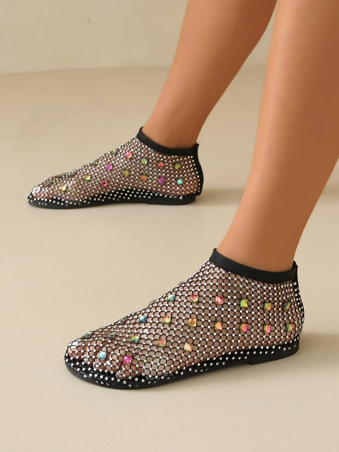 Comfortable Mesh Flats for Women Fishnet Shiny Gem Sandals Low Heel Slip on Stockings Rhinestone Net Flat Sandals