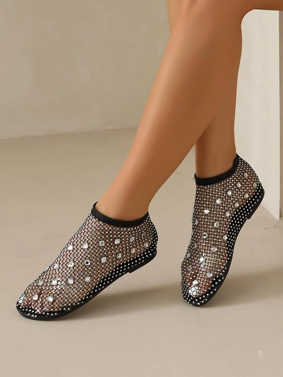 Comfortable Mesh Flats for Women Fishnet Shiny Gem Sandals Low Heel Slip on Stockings Rhinestone Net Flat Sandals